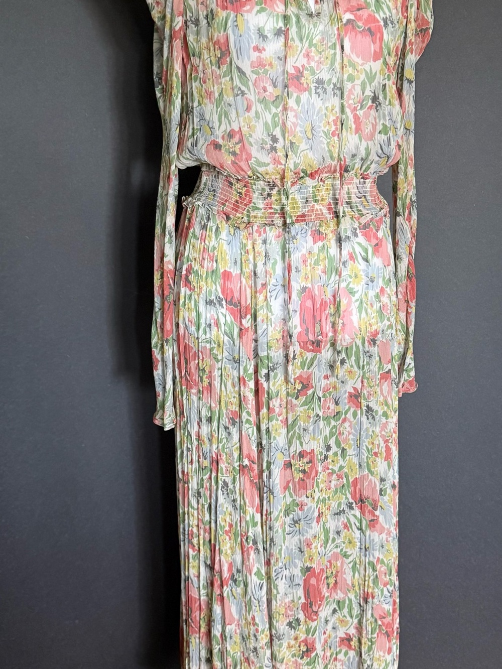 Polo Ralph Lauren Adrele Floral Long Puff Sleeve Smock Pleated Flounce Dress
